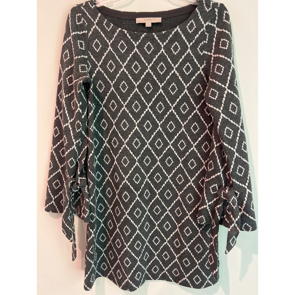 Loft Womens XS Charcoal Grey Diamond Geometric Bell Sleeve Shift Dress Office